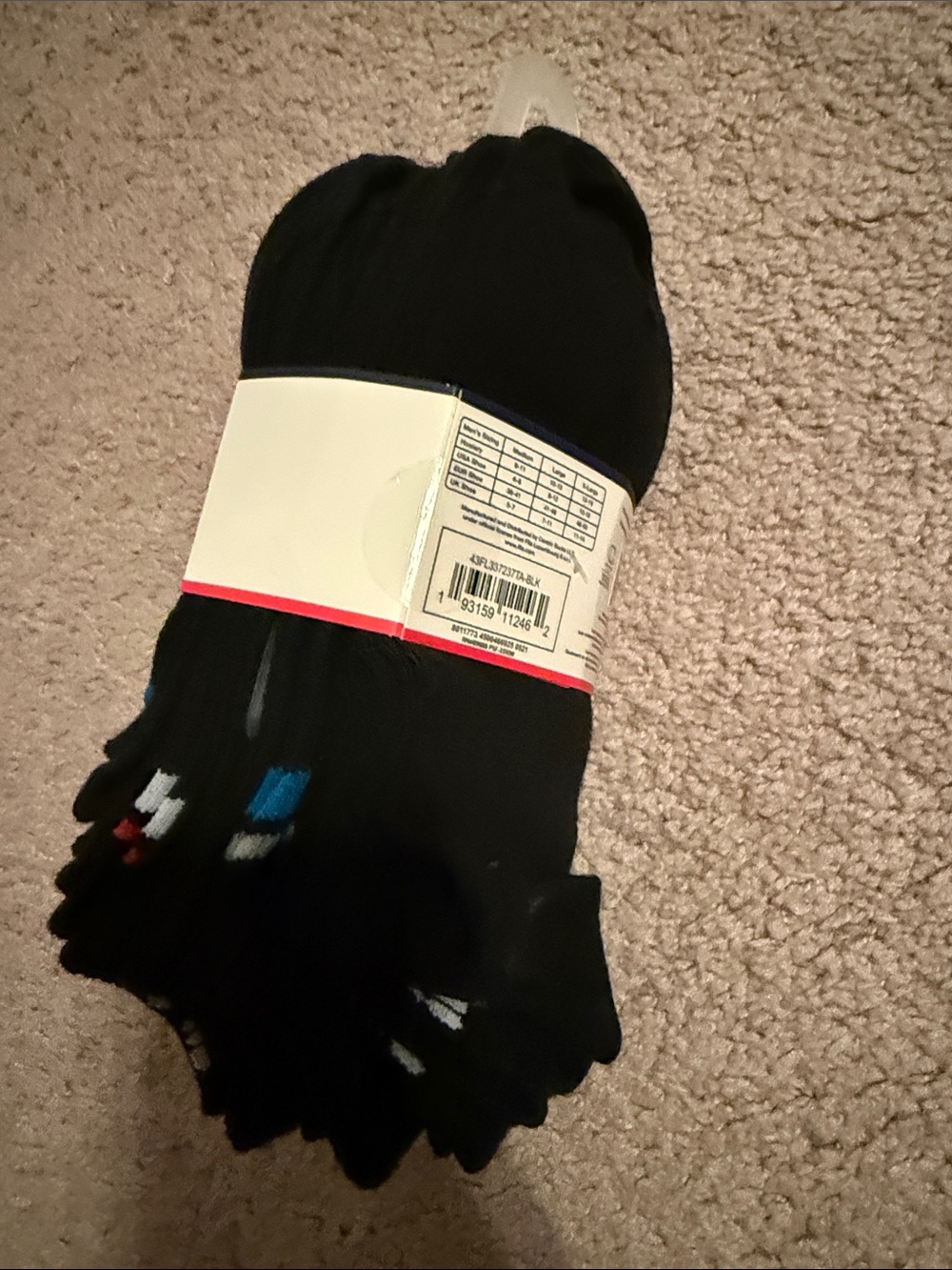 Fila Men’s No-Show Athletic Socks in Black with Blue and Red Stripes - Picture 2 of 4